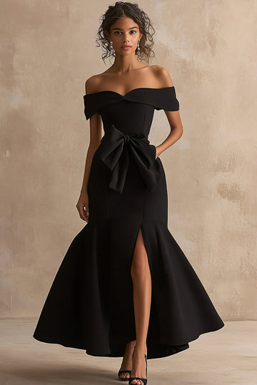 Off The Shoulder Mermaid Black Tie Dress with Slit